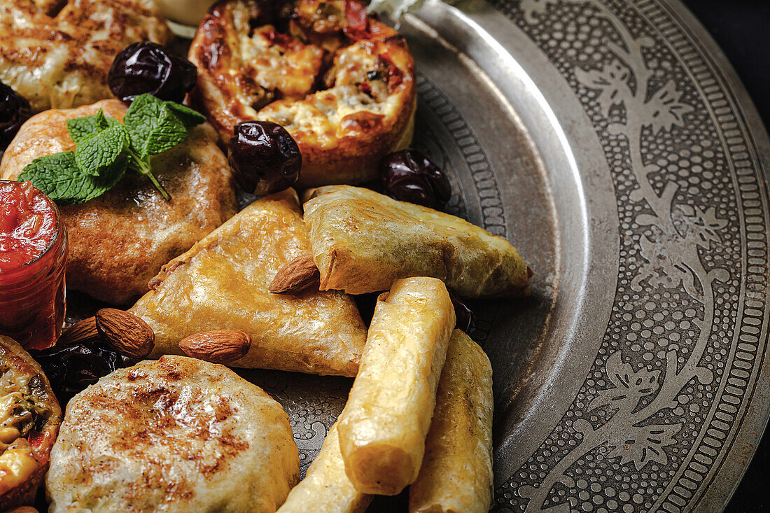 High angle of assorted tasty Arabic food with salsa and fresh mint leaves near almonds during Ramadan holidays