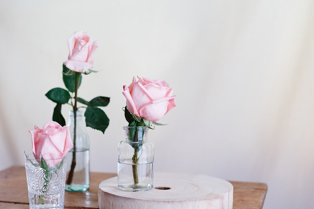 Rosa Rosen in Glasvasen auf einer Holzfläche vor neutralem Hintergrund