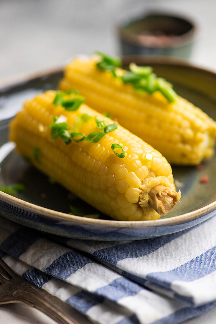 Close-up of boiled corn with salt and green onion served on plate on grey background
