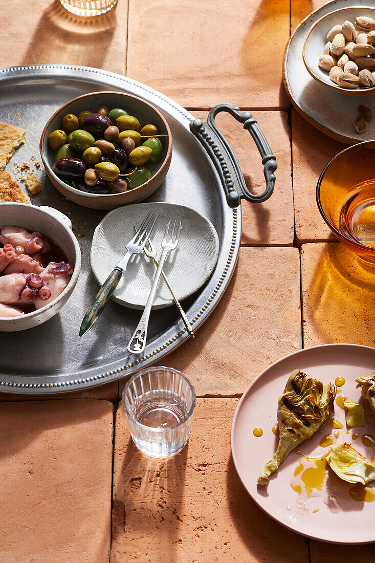 Verschiedene appetitliche spanische Mezze-Gerichte mit Oliven und Hühnchen und Nüssen und Tintenfischtentakeln auf Tellern mit Gabeln serviert