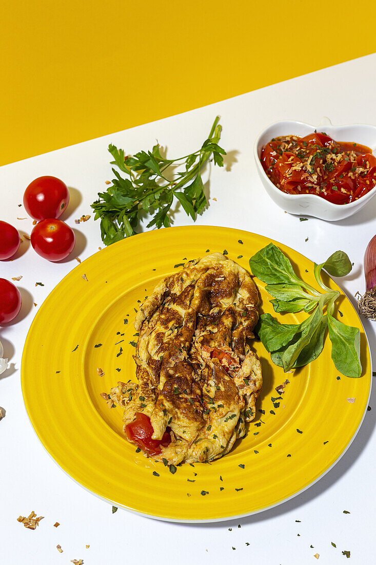 Delicious omelette with chopped parsley on plate against sun dried tomatoes and raw red onion on white and yellow background