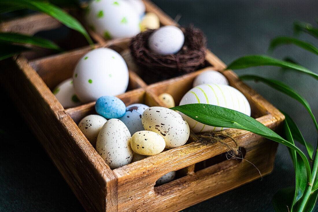 From above spring Easter wooden box with colored eggs and nest surrounded by italian Ruscus plant