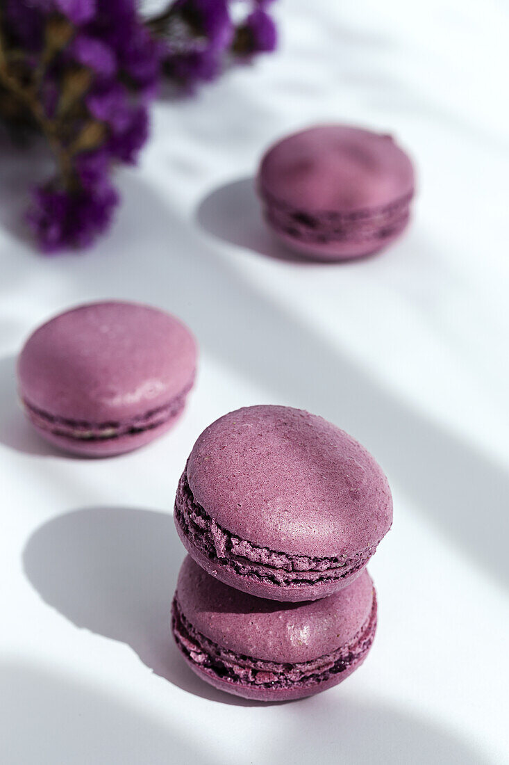 From above pair of delicious sweet macaroons of purple color stacked together on sunlit table in morning