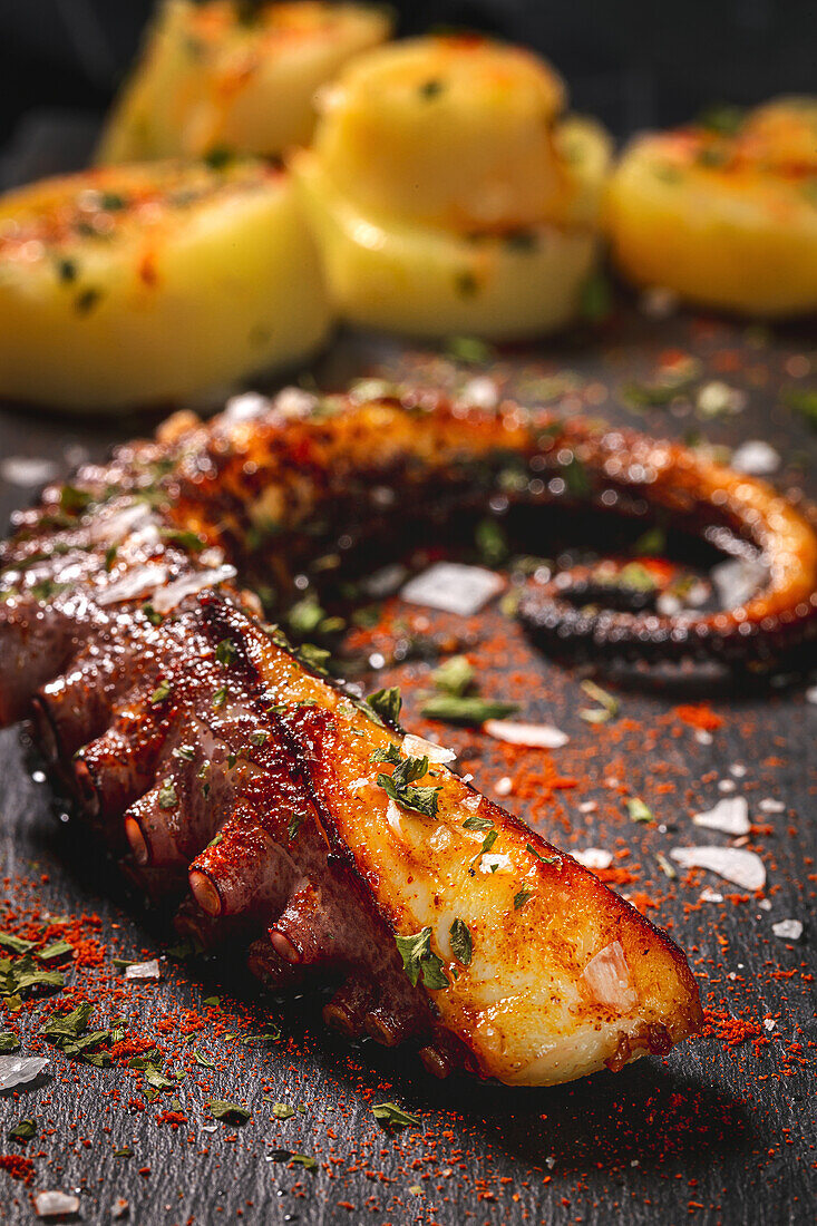 From above of fried octopus tentacle and pieces of potato served with spices on black board on table