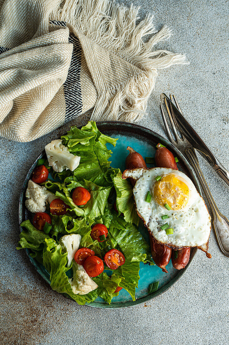 Gesundes Mittagessen mit frischem Bio-Gemüsesalat, Spiegelei und Würstchen, serviert auf einem Betontisch
