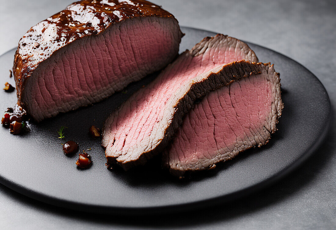 Generative AI illustration of appetizing sliced roast beef served on black ceramic plate