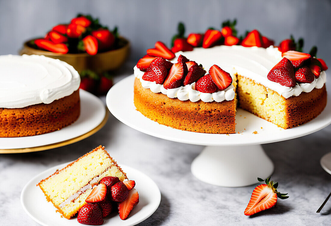 Tasty appetizing homemade biscuit cake with cream and strawberries served on plate against blurred background