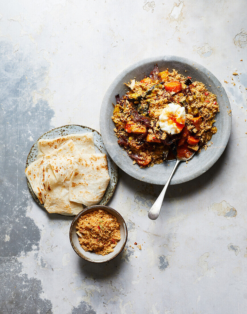 Top view of delicious spicy couscous with baked carrot and slices of red onion topped with poached egg and red pepper served with plain pappadums on plates with spoon