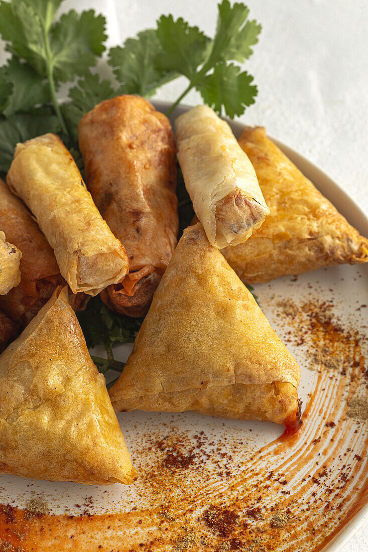 Traditional homemade assortment of moroccan food snacks on white background. Typical Arab food. Halal concept