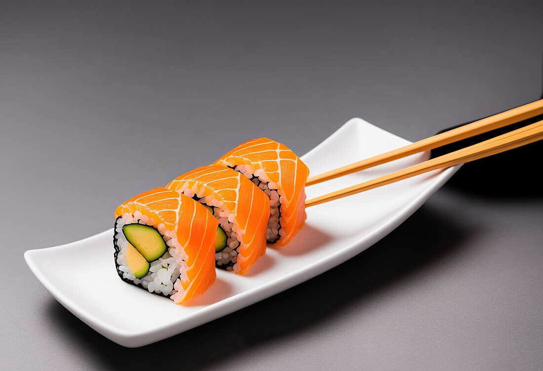 Appetitliche Sushi-Rollen mit Reis und Avocado, umhüllt von rohem Lachs, serviert auf einem Teller mit Soja