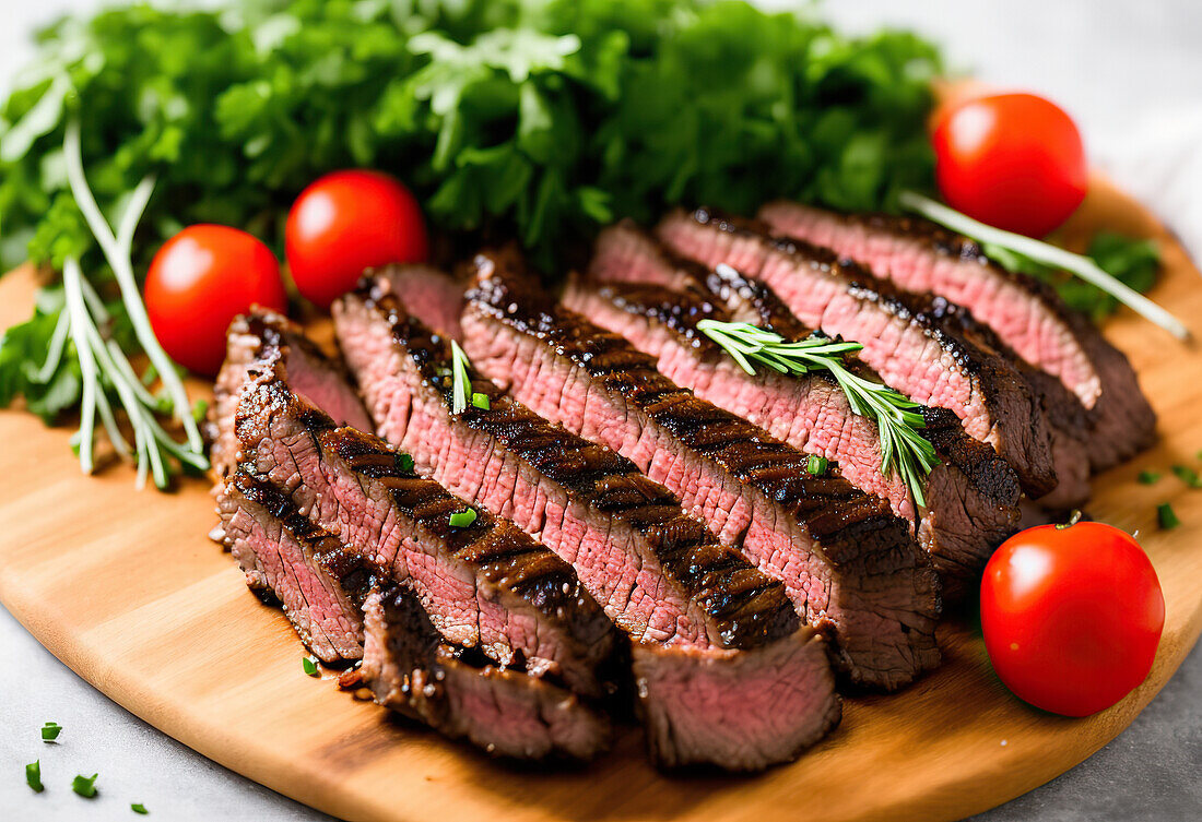 Generative AI image high angle of delicious sliced roast beef served on wooden cutting board with cherry tomatoes