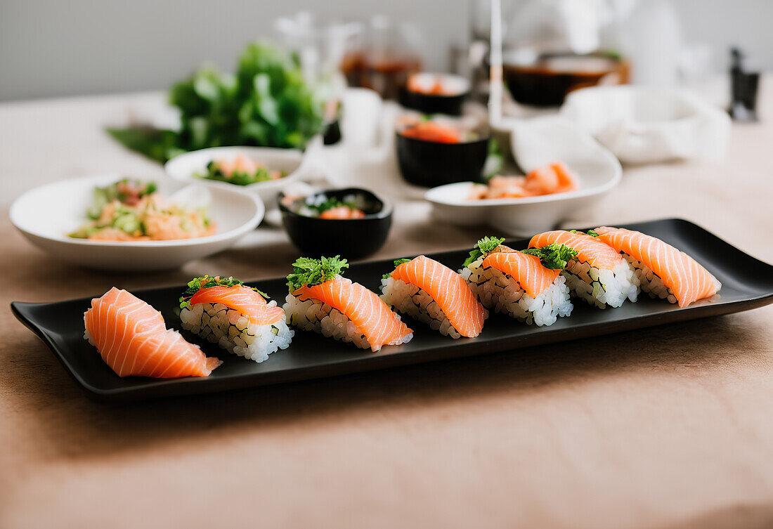 Appetitliche Sushi-Rollen mit Reis und Lachs, serviert auf einem schwarzen Keramikteller