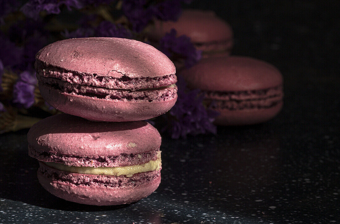 Closeup pair of delicious sweet macaroons of purple color stacked together on sunlit table in morning