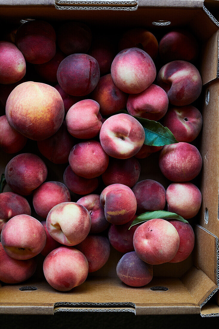 Draufsicht auf einen Haufen reifer frischer Pfirsiche in einer Kartonschachtel am Verkaufsstand
