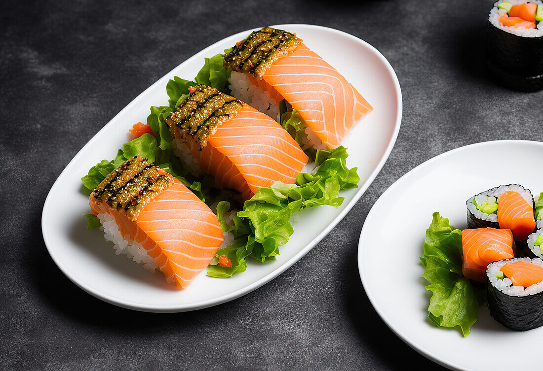 Appetizing sushi rolls with rice and salmon served on plate with green salad leaves and sesame seeds