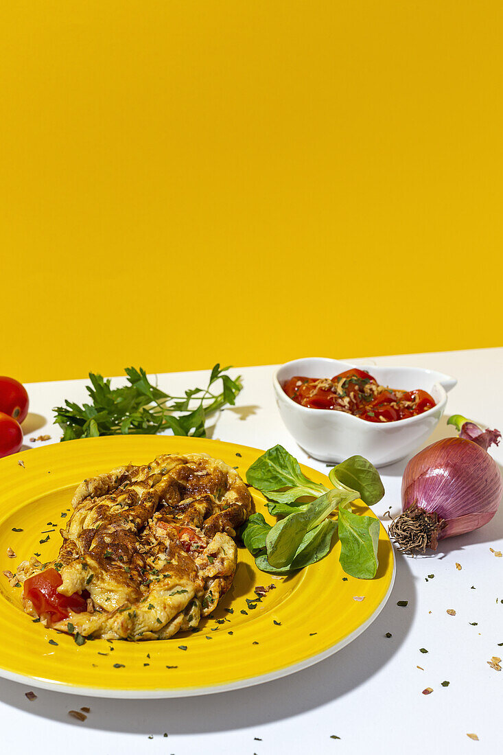 Leckeres Omelett mit gehackter Petersilie auf Teller mit getrockneten Tomaten und rohen roten Zwiebeln auf weißem und gelbem Hintergrund