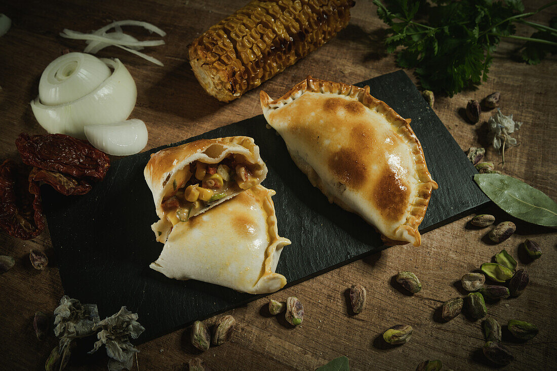 From above of appetizing argentinian empanadas served on flat plate on wooden table near ingredients in kitchen