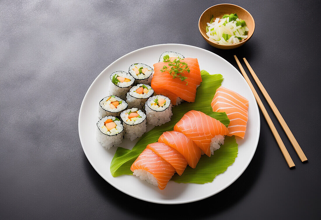 Köstliche Sushi-Rollen mit rohem Lachs, serviert auf einem Salatblatt auf einem Keramikteller in der Nähe von Zwiebeln in einer Schüssel mit Stäbchen