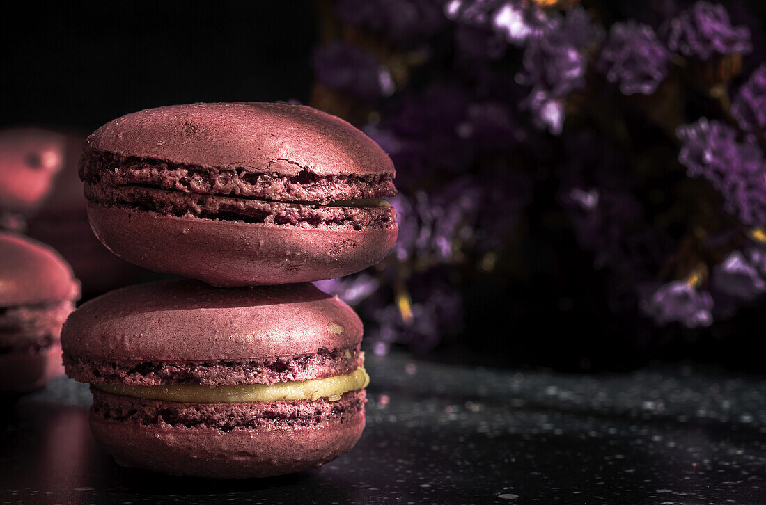 Pair of delicious sweet macaroons of purple color stacked together on sunlit table in morning