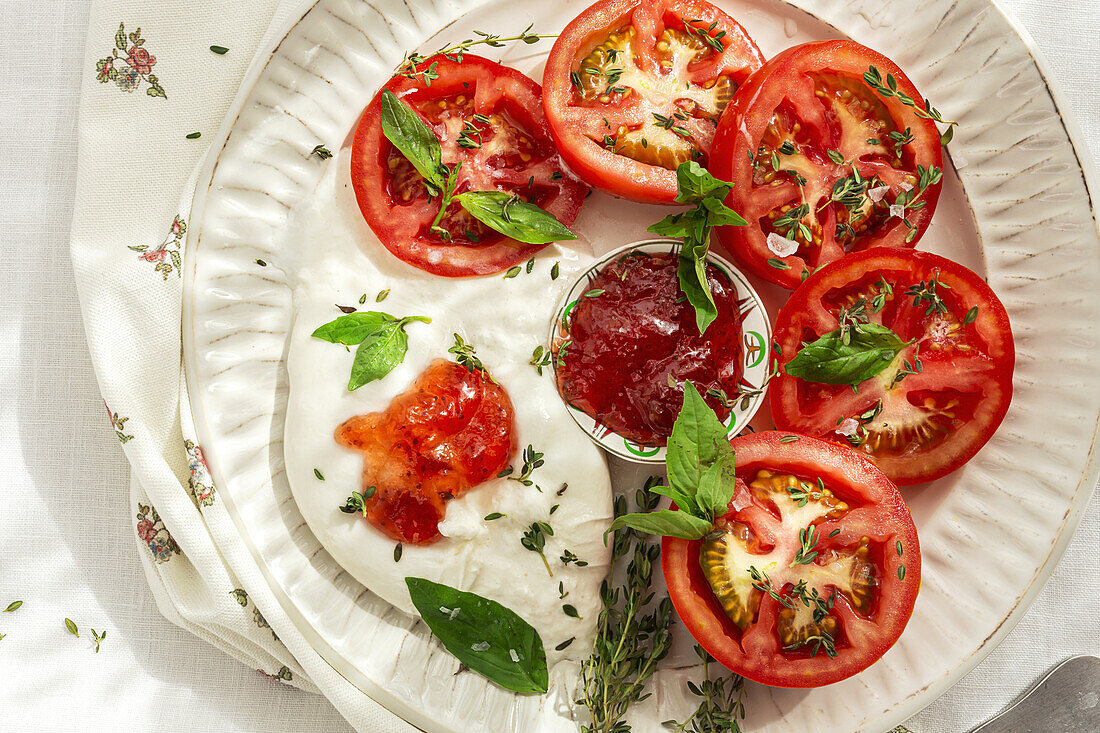Draufsicht auf frische Tomaten- und Mozzarellascheiben mit Soße und Kräutern, serviert auf einem Teller auf einem Tisch bei Tageslicht