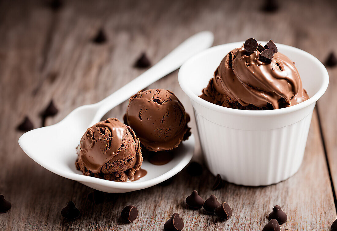 Süße Kakao-Eiskugeln mit Schokoladentropfen verziert in weißem Keramikgeschirr auf Holztisch