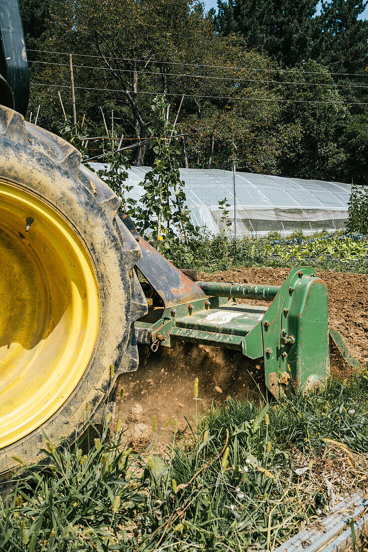 Aged agricultural vehicle with dirty wheel and metal blade on farm with plants in daylight