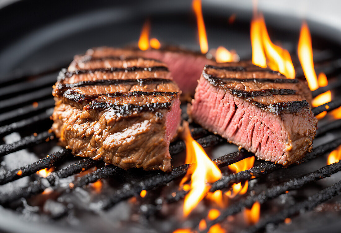 Generative AI-Illustration von appetitlichen aromatischen Fleischstücken Steak braten auf heißen Grillrost mit brennenden Flamme