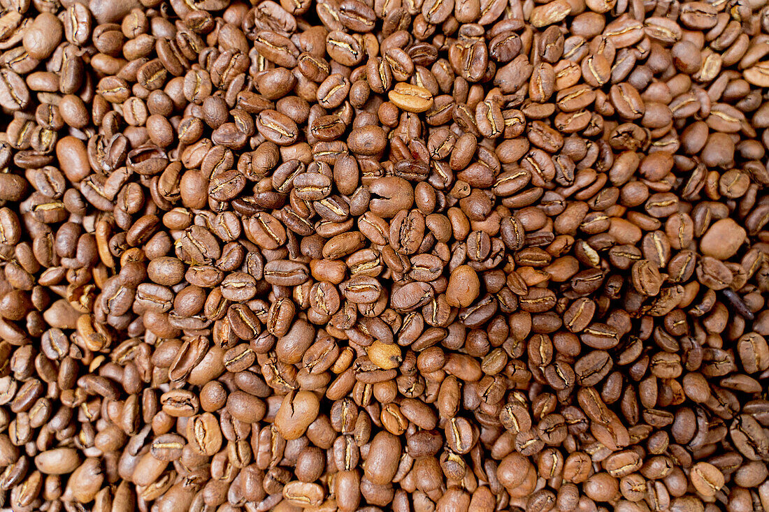 Top view of full frame monochrome textured background of roasted scattered brown coffee grains