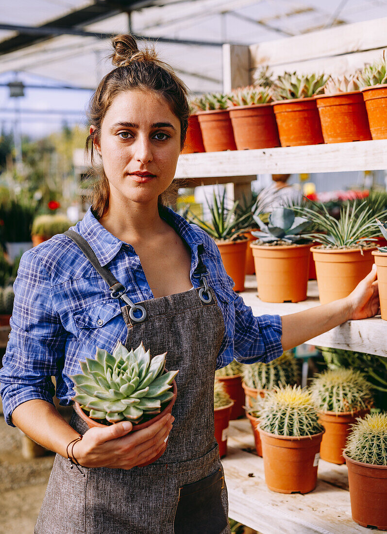 Woman in apron looking at camera smiling with checkered shirt demonstrating pot with green succulent to camera while working in greenhouse