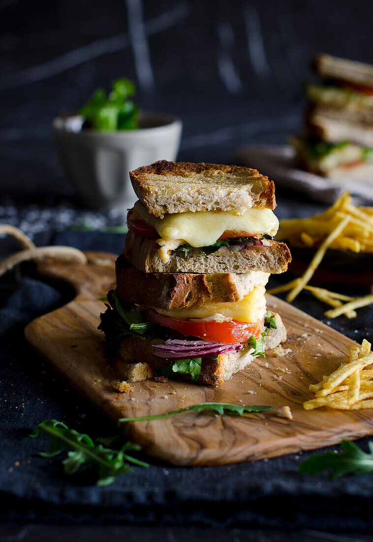 Tasty sandwich with tomato onion cheese and meat placed on wooden cutting board near French fries and knife on blue table