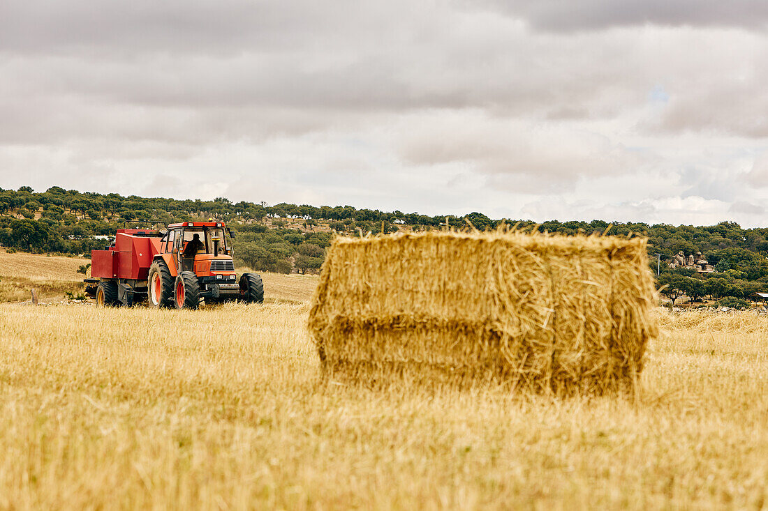 Getrocknete Heurolle und moderner Traktor auf landwirtschaftlichem Feld in bergigem Gebiet im Sommer