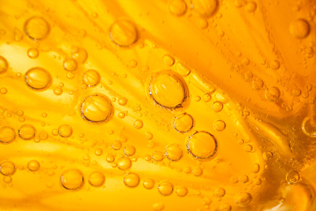 Close-up gin and tonic cocktail with slice of fresh orange bubbling in glass