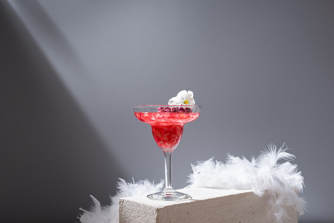 Crystal glass of pomegranate margarita cocktail served with flower blooms near near feathers on concrete blocks in studio