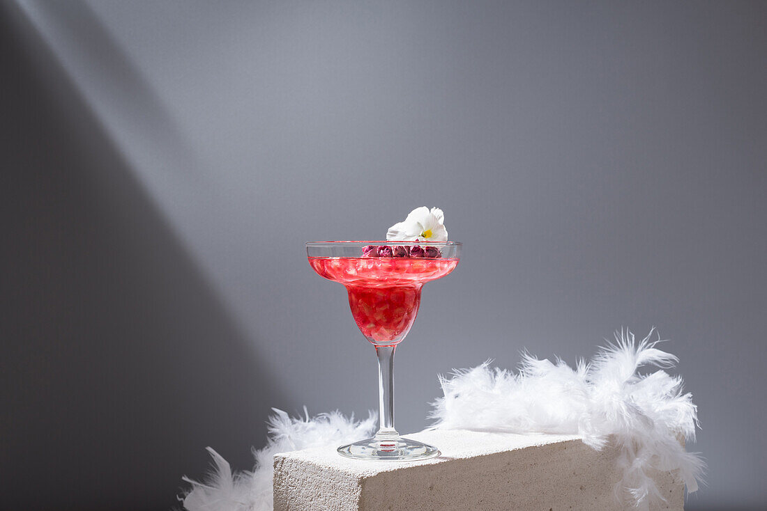 Kristallglas mit Granatapfel-Margarita-Cocktail, serviert mit Blumenblüten in der Nähe von Federn auf Betonblöcken im Studio