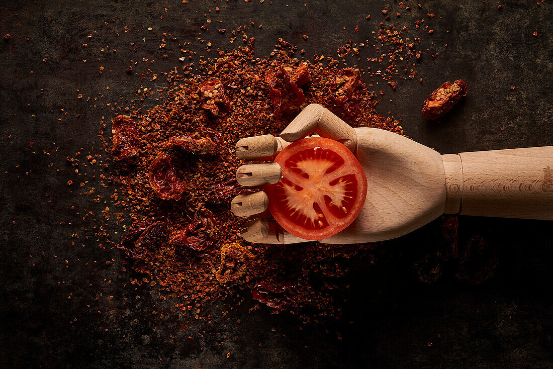 Top view composition with fresh red tomato slice in artificial wooden hand placed above ground sun dried tomatoes on black background