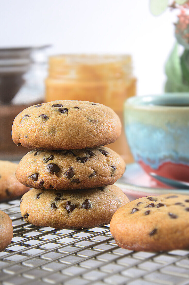 Close-up of some freshly made dark chocolate chip cookies