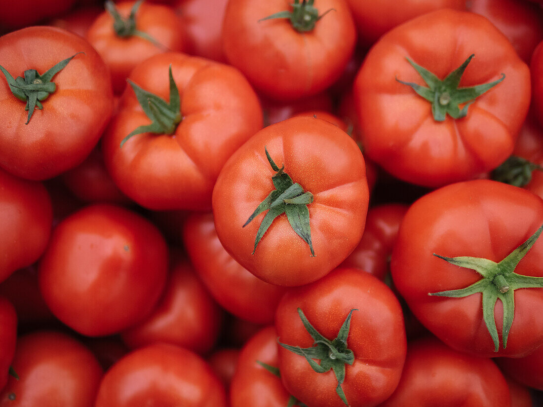 From above many ripe red tomatoes placed in container in grocery shop