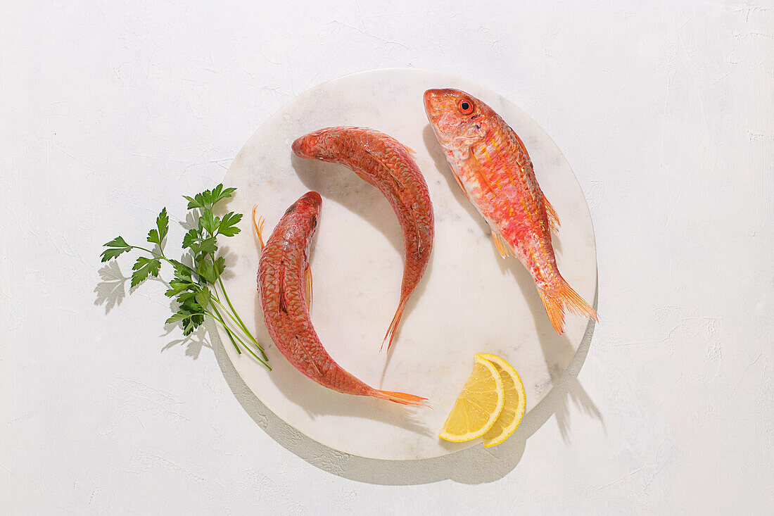 Draufsicht auf rohen Fisch auf einem Teller mit Petersilie und Zitronenscheiben auf weißem Hintergrund
