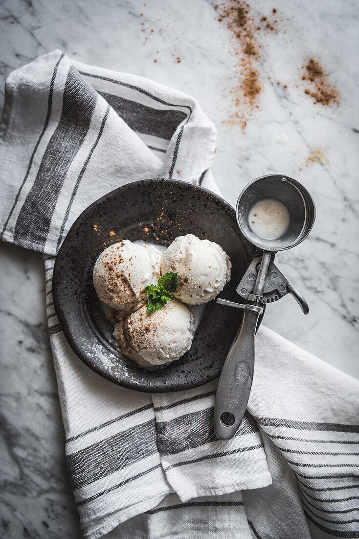 Top view of tasty gelato with fresh mint leaves and cinnamon powder on top near scooper on towel