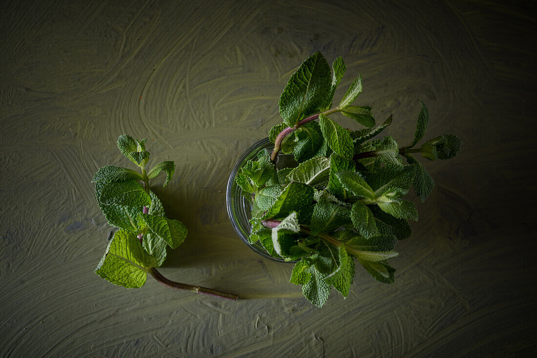 Draufsicht auf frische grüne Minzzweige mit aromatischen Blättern in transparentem Glas mit reinem Aqua auf dunklem Hintergrund