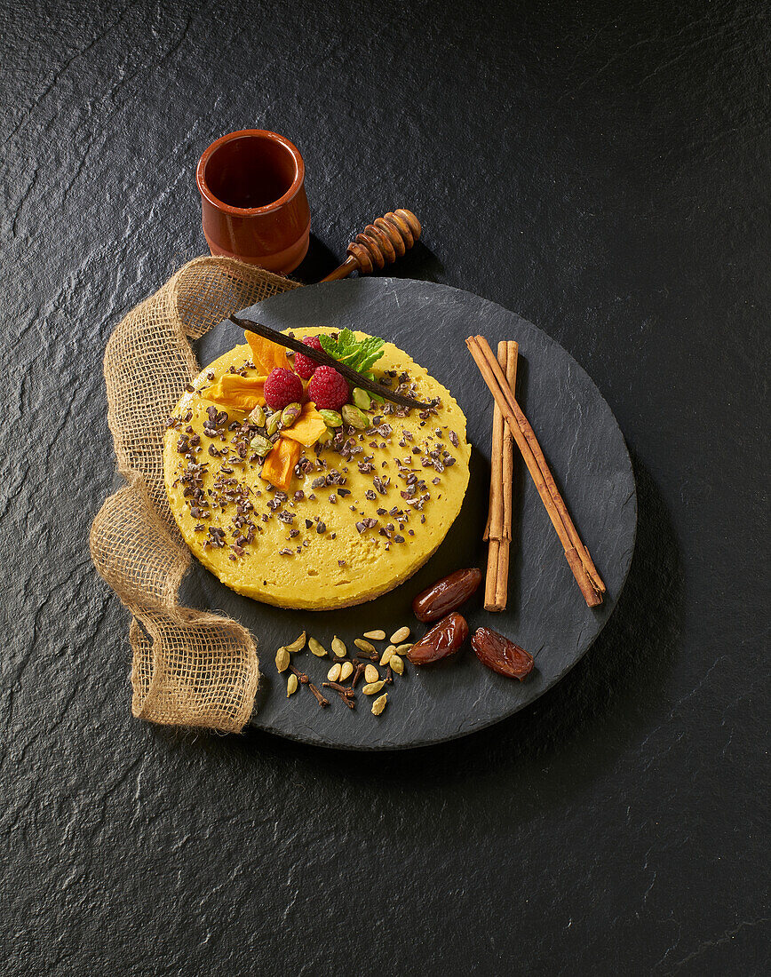 From above of tasty yellow cake decorated with raspberries and vanilla pod near honey dipper on napkin