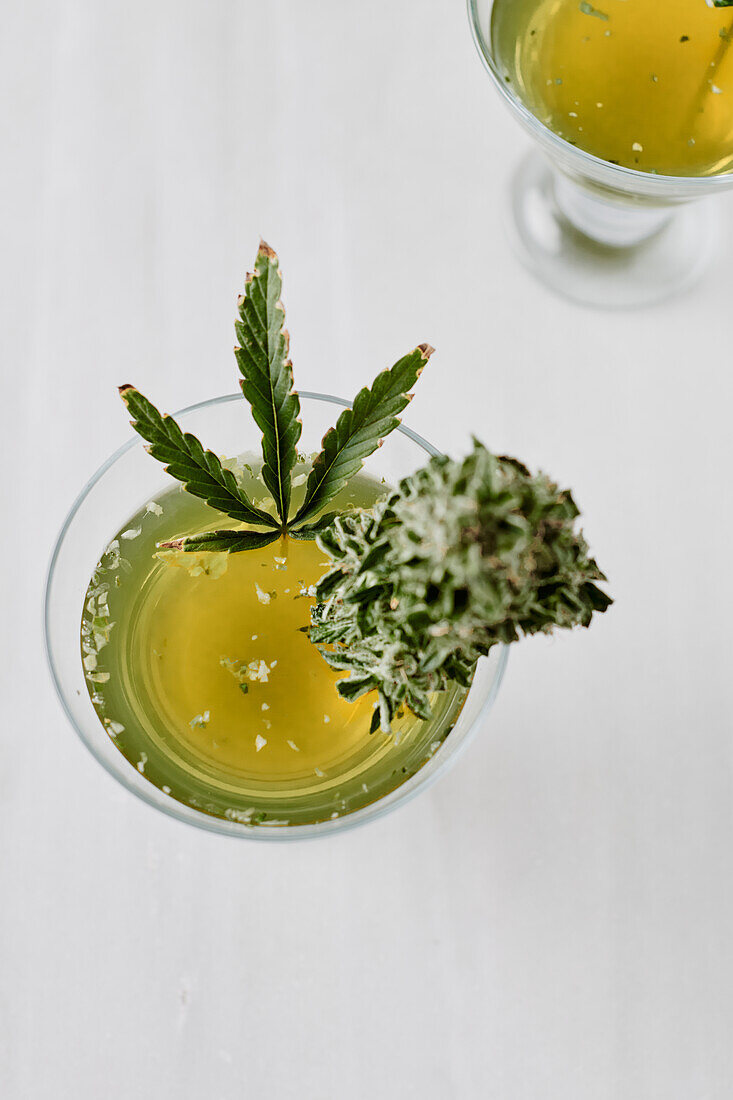 Von oben kleine Gläser mit medizinischem Marihuana-Tee und grünen Kräutern auf weißer Fläche neben Glasgefäß platziert