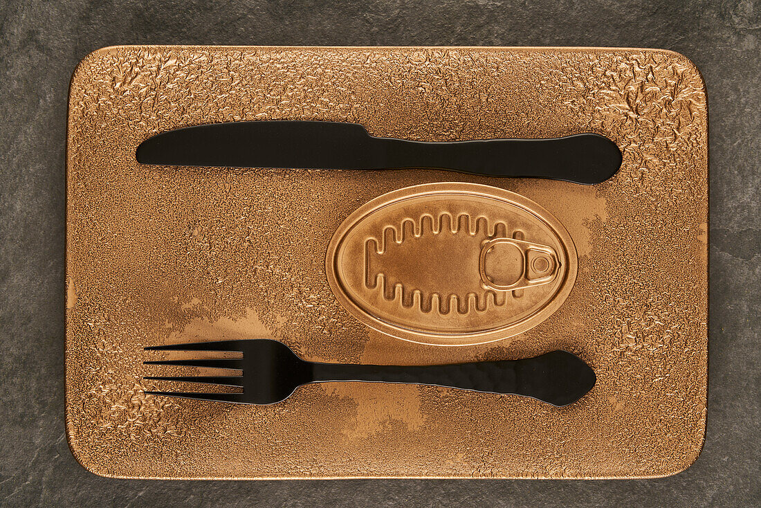Top view of black fork and knife placed near sealed canned food on rectangular copper tray