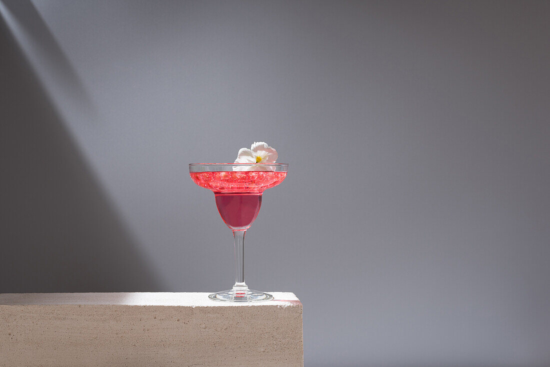 Crystal glass of pomegranate margarita cocktail served with flower blooms on concrete blocks in studio