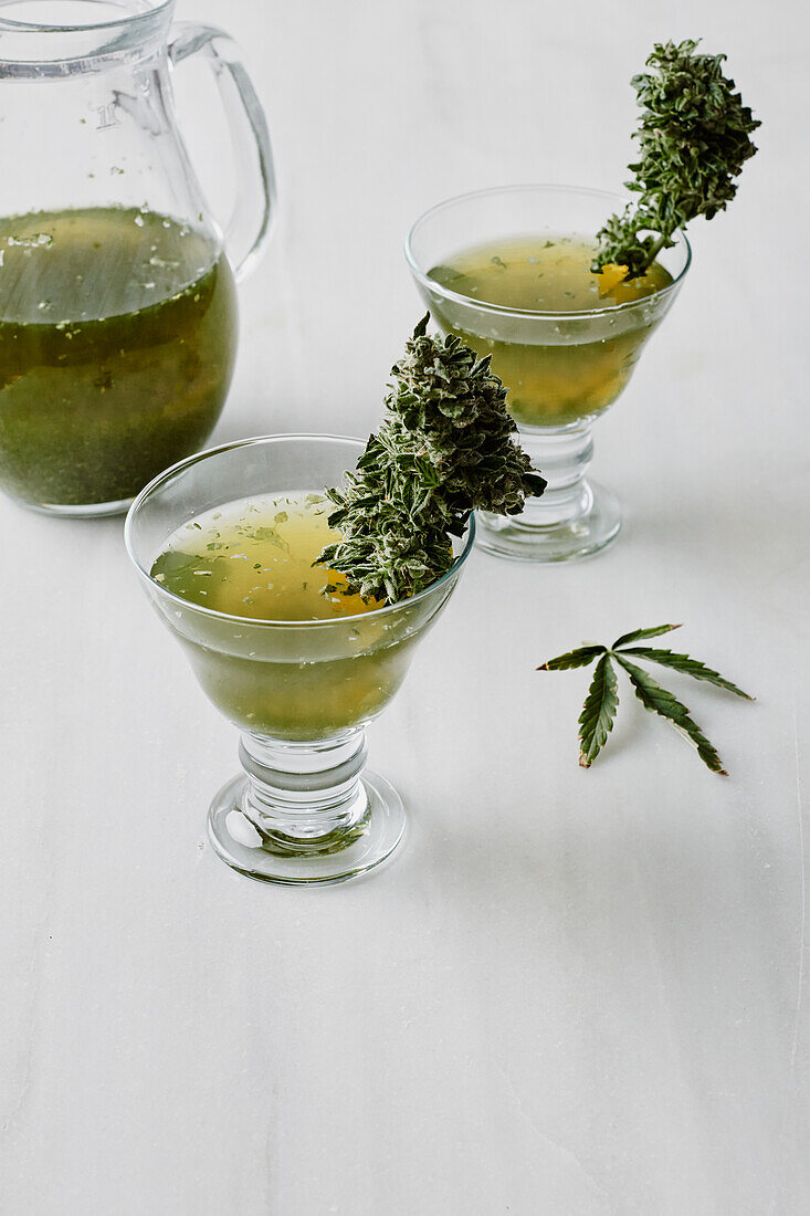 Small glasses with medical marijuana tea and green herbs placed on white surface near glass jar