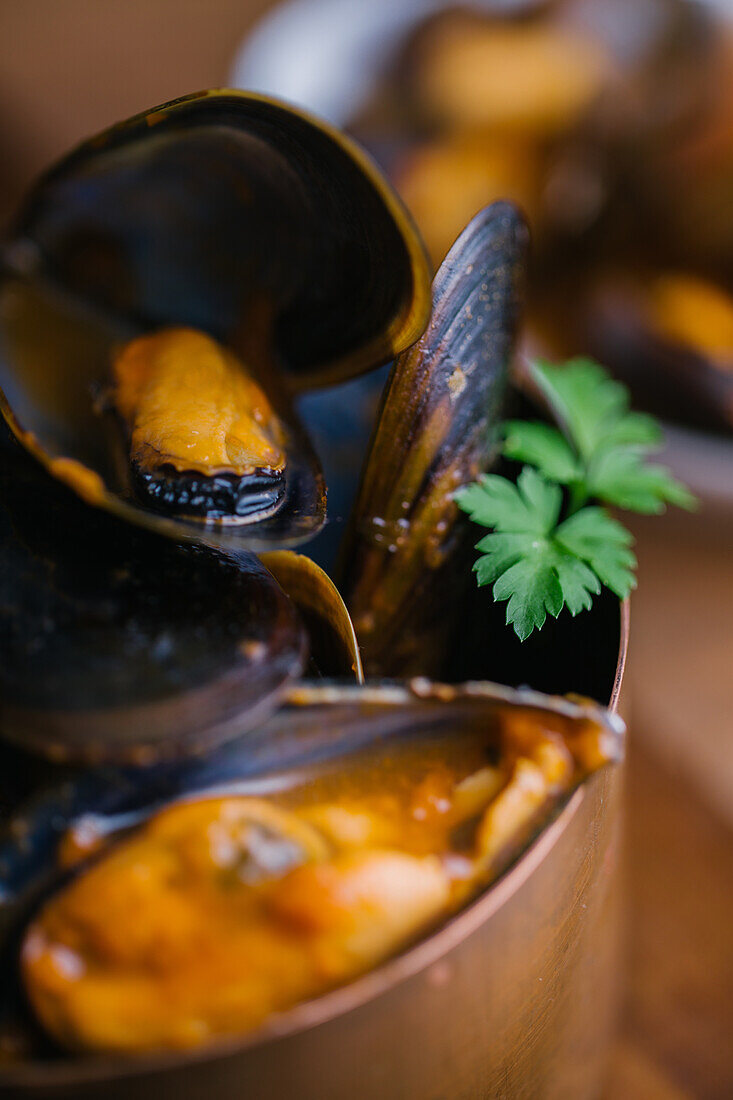Köstliche Muscheln mit Kräutern in einem Metalltopf