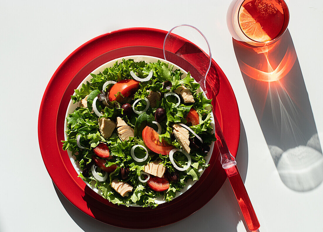 From above tuna salad with onion and tomatoes served on red plates on white background