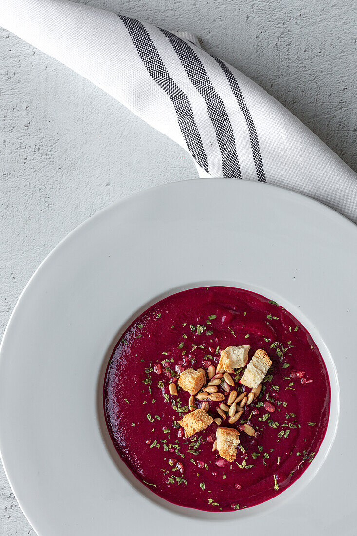 Healthy beet soup. borscht. Flat lay. From above. detox