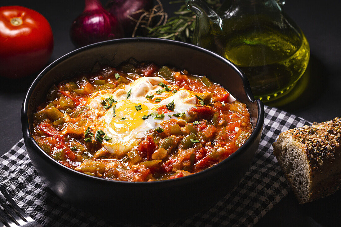 High angle of appetizing traditional Spanish dish made of egg and assorted vegetables and served in bowl on table