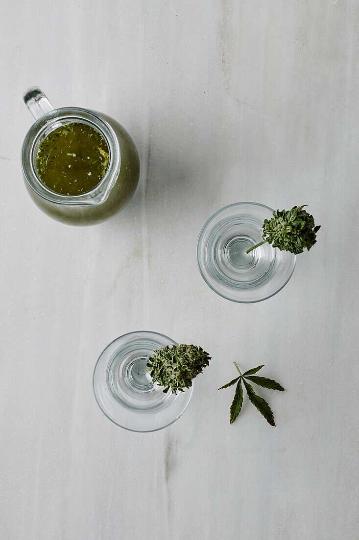 Top view of glass jar filled with fresh aromatic marijuana infusion placed on white table near glasses with dry herbs